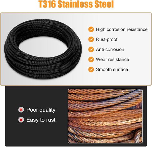 Thickened Black 3/16" Stainless Steel Cable, 250ft Wire Rope, 7X19 Strands Aircraft Cable, 3700lbs Breaking Strength, Zip Line for Heavy Duty Applications, Deck Railing, String Lights & Yard Zipline in Saudi Arabia