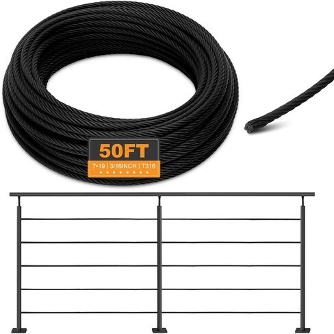 Thickened Black 3/16" Stainless Steel Cable, 250ft Wire Rope, 7X19 Strands Aircraft Cable, 3700lbs Breaking Strength, Zip Line for Heavy Duty Applications, Deck Railing, String Lights & Yard Zipline in Saudi Arabia