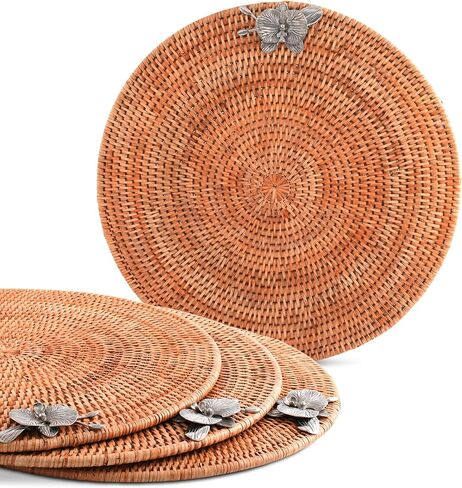 Vagabond House Round Wicker Placemats with Pewter Orchid Accent, Set of 4, 15.5 Inches Diameter - Hand-Woven Rattan, Elegant and Durable, Perfect for Enhancing Table Decor and Protection in Saudi Arabia