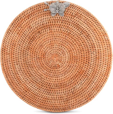 Vagabond House Round Wicker Placemats with Pewter Orchid Accent, Set of 4, 15.5 Inches Diameter - Hand-Woven Rattan, Elegant and Durable, Perfect for Enhancing Table Decor and Protection in Saudi Arabia