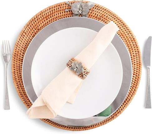 Vagabond House Round Wicker Placemats with Pewter Orchid Accent, Set of 4, 15.5 Inches Diameter - Hand-Woven Rattan, Elegant and Durable, Perfect for Enhancing Table Decor and Protection in Saudi Arabia