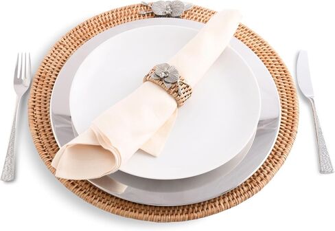 Vagabond House Round Wicker Placemats with Pewter Orchid Accent, Set of 4, 15.5 Inches Diameter - Hand-Woven Rattan, Elegant and Durable, Perfect for Enhancing Table Decor and Protection in Saudi Arabia