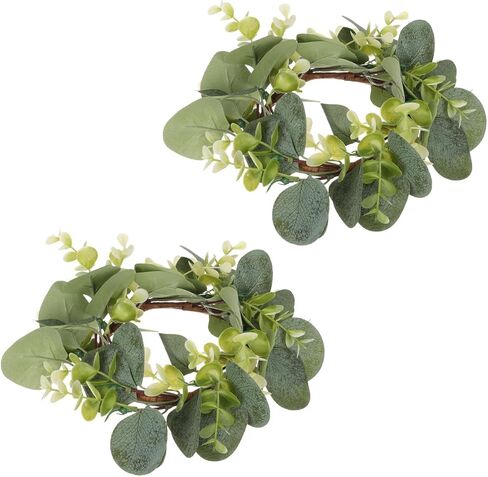 Homsfou 2pcs eucalyptus الاصطناعية يترك شمعة حلقات الزهور من شمعة حامل الشمعة الزهور الدقة شمعة الحفل الزفاف ديكور سطح المكتب (أخضر) in Kuwait