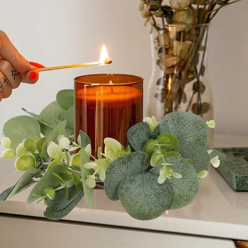 Homsfou 2pcs eucalyptus الاصطناعية يترك شمعة حلقات الزهور من شمعة حامل الشمعة الزهور الدقة شمعة الحفل الزفاف ديكور سطح المكتب (أخضر) in Kuwait