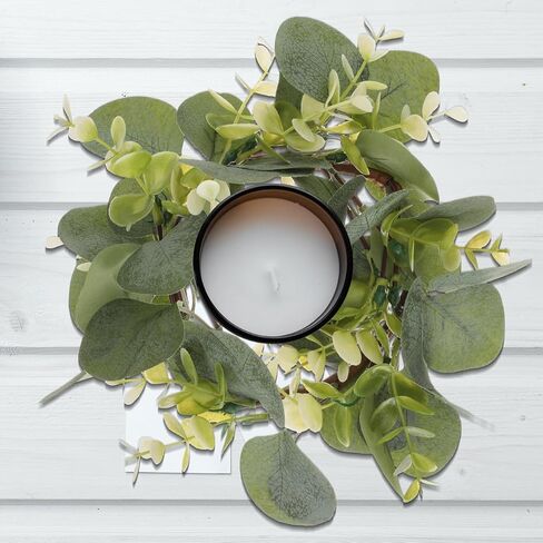 Homsfou 2pcs eucalyptus الاصطناعية يترك شمعة حلقات الزهور من شمعة حامل الشمعة الزهور الدقة شمعة الحفل الزفاف ديكور سطح المكتب (أخضر) in Kuwait