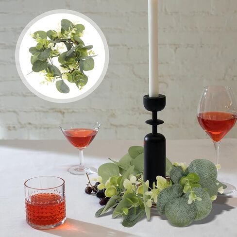 Homsfou 2pcs eucalyptus الاصطناعية يترك شمعة حلقات الزهور من شمعة حامل الشمعة الزهور الدقة شمعة الحفل الزفاف ديكور سطح المكتب (أخضر) in Kuwait