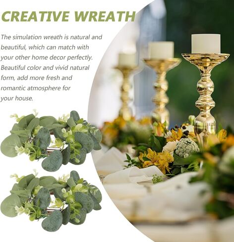 Homsfou 2pcs eucalyptus الاصطناعية يترك شمعة حلقات الزهور من شمعة حامل الشمعة الزهور الدقة شمعة الحفل الزفاف ديكور سطح المكتب (أخضر) in Kuwait
