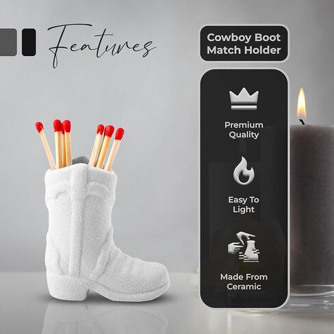 Cowboy Boot Match Holder with Striker – 1-Pack White Ceramic | Handmade Western Cowgirl Decor for Rustic, Farmhouse, or Aesthetic Homes in Saudi Arabia