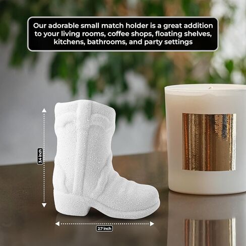 Cowboy Boot Match Holder with Striker – 1-Pack White Ceramic | Handmade Western Cowgirl Decor for Rustic, Farmhouse, or Aesthetic Homes in Saudi Arabia