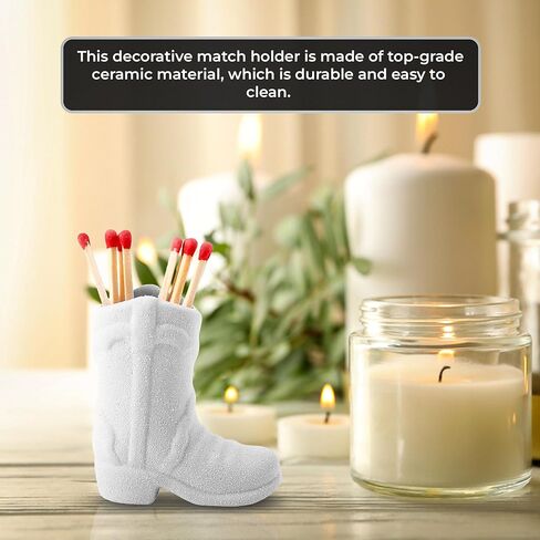 Cowboy Boot Match Holder with Striker – 1-Pack White Ceramic | Handmade Western Cowgirl Decor for Rustic, Farmhouse, or Aesthetic Homes in Saudi Arabia