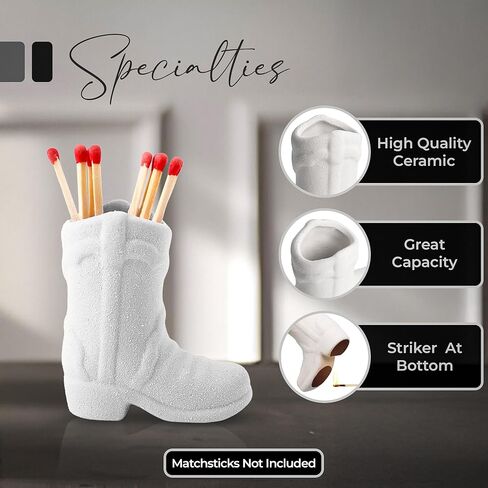 Cowboy Boot Match Holder with Striker – 1-Pack White Ceramic | Handmade Western Cowgirl Decor for Rustic, Farmhouse, or Aesthetic Homes in Saudi Arabia