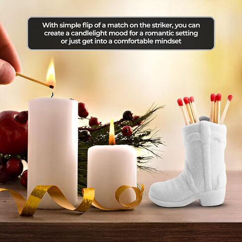 Cowboy Boot Match Holder with Striker – 1-Pack White Ceramic | Handmade Western Cowgirl Decor for Rustic, Farmhouse, or Aesthetic Homes in Saudi Arabia