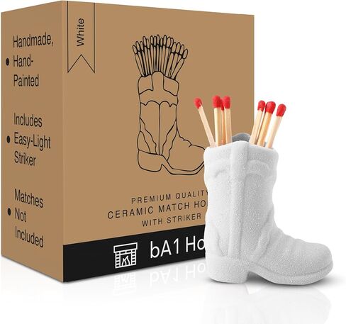 Cowboy Boot Match Holder with Striker – 1-Pack White Ceramic | Handmade Western Cowgirl Decor for Rustic, Farmhouse, or Aesthetic Homes in Saudi Arabia