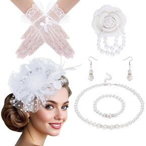 hoyuwak 6Pcs Fascinators Hat for Women Tea Party Mesh Veil Headwear Lace Gloves Pearl Necklace Earrings Camellia Brooches Set for Bridal Wedding