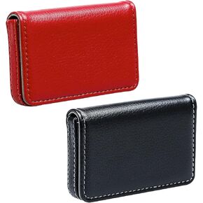2 حزمة حامل بطاقة العمل PU PU LEATHER MUNTI CART WALLET مع مغلق مغناطيسي - أسود + أحمر