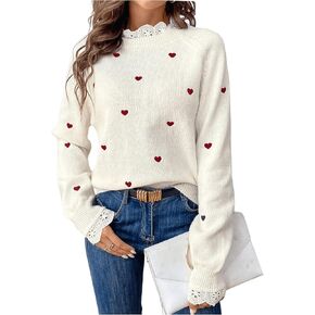 GORGLITTER Women's Heart Lace Spring Pullover Sweater 2025 Embellished Long Sleeve Cute Knitwear Sweater Jumper
