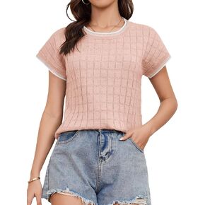 Womens Short Sleeve Sweater Crewneck Vest Tops Trendy Casual Crochet Sweaters for Women Spring Summer 2025