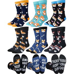 6 Pairs Dog Socks for Men Novelty Dog Dad Gift Pug Corgi Crew Socks for Puppy Lover Father's Day Gift