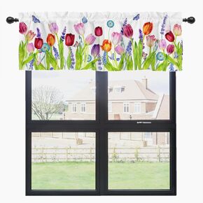 HawSkgFub Spring Summer Tulip Flower Kitchen Curtain Valance 54x18, Seasonal Floral Short Half Topper Curtains Window Treatments Rod Pocket, Lavender Butterfly Home Living Room Bedroom Bathroom Decor