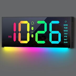 شاشة كبيرة على مدار الساعة شاشة كبيرة ، على مدار الساعة 13 "مع 12 RGB ألوان تغيير التحكم عن بُعد ، ساعات LED مع مصابيح ليلية لديكور جدار غرفة نوم غرفة المعيشة ، الأسود (لا يشمل المحول)