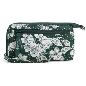 Vera Bradley Cotton Collegiate Front Zip Wristlet with RFID Protection (Multiple Teams Available), Dk Green/White Rain Garden