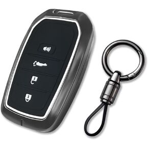 Car Key Fob Cover Metal Key Shell Soft Silicone Key Protection Case Heavy Duty Metal Key Chain Black Key Ring 3 Racing Stripes Compatible with Toyota Tundra Tacoma Rav4 Keychains Accessories