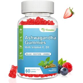 2 حزمة Ashwagandha Gummies & Vitamin D Gummies للنساء والرجال - مع فيتامين C لدعم المزاج الهادئ والاسترخاء والمناعة ، 120 لعبة التوت المختلطة