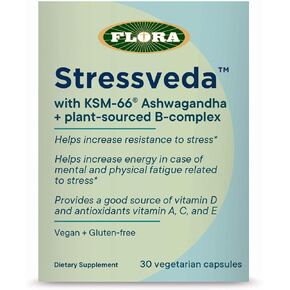 Flora Health-Fressveda مع KSM-66 Ashwagandha + Food Food Vitamins B ، D ، C ، E ، يدعم مقاومة الإجهاد والطاقة ، نباتي وخالي من الغلوتين ، 30 كبسولة نباتية