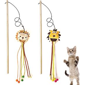 IUHKBH Cat Wands، قطعتان من عصا تحفيز القطط على شكل حيوان مع جرس خشبي للقطط، لعبة تفاعلية للقطط والقطط