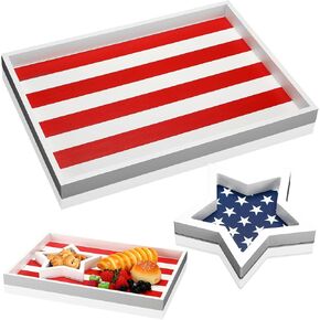 2 Pack 4th of July Serving Trays Wood American Flag Red White Blue Decorative Tray Platter Patriotic USA Star Striped Independence Day Dish Dinner Plates for Snack Kitchen Parties Restaurant
