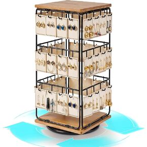 Rotating Earring Display Holder Stand for Vendors Events Selling, Large Capacity 48 Hooks Jewelry Rack with Wooden Base for Earring Card Sales, Enhances Retail Visibility