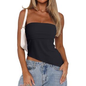 CSDAJIO Asymmetrical Tops for Women Ruched Side Long Tube Top Strapless Bandeau Top Summer Going Out Backless Shirt in Kuwait