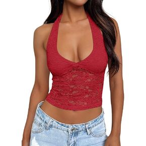 Trendy Queen Womens Going Out Tops Lace V-Neck Sleeveless Double Lined Halter Y2K Sexy Crop Fashion Tank Top 2025