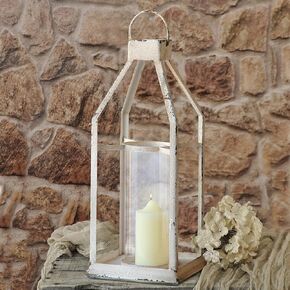 Farmhouse White Metal Lanterns 21" Decorative Hanging Candle Lantern, Rustic Distressed Candle Holder Outdoor Lanterns for Front Porch Floor, Patio or Wedding