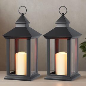 Lanterns Decorative Indoor, 1 Pack Black Outdoor Lantern with Timer, 14" Lantern Waterproof with Battery Operated Candle, Outdoor Hanging Lanterns for Porch, Patio, Wedding Decor