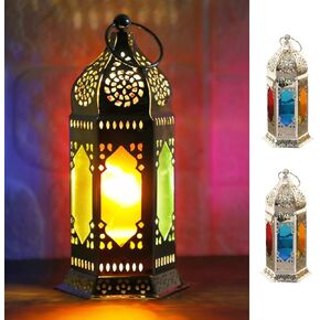 2 Pack Moroccan Style LED Candle Lantern Battery Powered, Small Tealight Candle lamp with Transparent Glass Panels, 7 Inch Hanging Lantern Indoor for Ramadan Decorative Metal Lamp （Rose Gold）