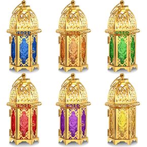 Mumufy 6 Pack Ramadan Lantern Ramadan Decorations for Home Gold Moroccan Lamp Decor Candle Holder Vintage Lanterns Decorative Eid Mubarak Hanging Candle Lantern for Eid Party Decor