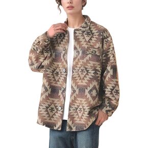 Vintage Aztec Flannel Jacket Plaid Shirt Sherpa Fleece Shacket Button Down Casual Outerwear for Women