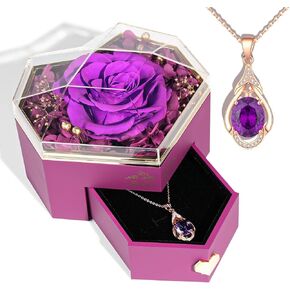 Heart Shape Preserved Real Roses Box Eternal Flowers Gifts with Necklace, Flowers for Delivery Prime, Birthday for Her Women Mom Wife (Blue)