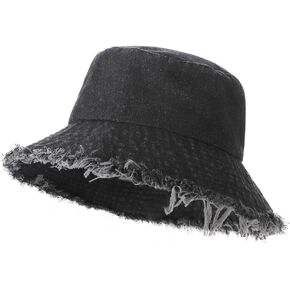 Frayed Denim Bucket Hat Distressed Jean Fisherman Cap Wide Brim Boonie Sun Hat Packable Beach Cap for Women Men