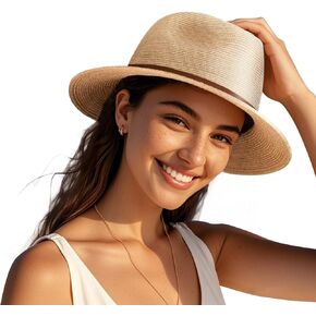 القبعات الصيفية قش شمس للنساء واسعة الحافة UV UPF 80+ بنما فيدورا بيتش قبعة مع الرياح حبل in Kuwait