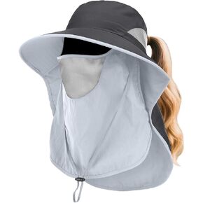 Womens Sun Hat Wide Brim UPF50+ حماية من أشعة الشمس في الهواء الطلق السيدات صيد الأسماك مع غطاء الوجه القابل للفصل