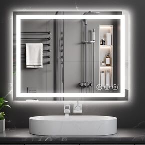 Koonmi 24 × 36 مرآة الحمام LED ، إضاءة خلفية + مضاءة الأمامية ، مرآة الحمام LED مع الأضواء للجدار ، 3 ألوان ، مضادة للخد