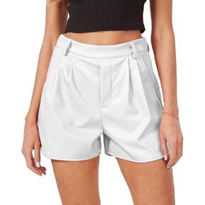 XinYangNi Faux Leather Shorts for Women Pleather Elastic High Wasited Pleated Wide Leg Side Slit with Pockets