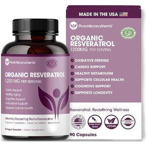 Organic Resveratrol Supplement – Trans-Resveratrol Capsules with Green Tea & Black Pepper – Highly Purified & Bioavailable - 90 Vegan Caps