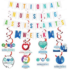 35 Pcs National Nursing Assistants Week Banner Decorations Nursing Assistants Hanging Red Swirlswall Decor Nurse Hat Holiday Celebrating Events for Festival Party Supplies