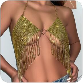 Gold Crystal Bra Body Chain Top Silver Rhinestones Halter Crop Beach Bikini Chest Chains Body Jewelry for Women
