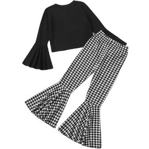 مجموعة Wdirara Girl's 2 قطعة مجموعة الكشكش أعلى و Houndstooth Flare Leg Pants