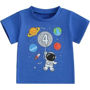 Canis 1-6 Years Birthday Boy Shirt Space Rocket Astronaut Themed T-Shirt with Moon Balloon and Planets Short Sleeve Tee