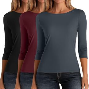 Ficerd 3 Pack Women's 3/4 Sleeve Boat Neck Cotton T Shirts Slim Fit Tight Basics Top Casual Comfy Tees